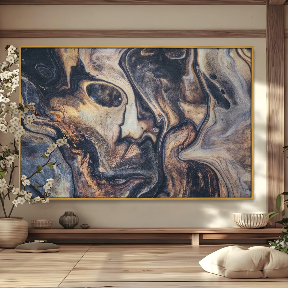 Tablou canvas cu tablou canvas cu pictura abstracta aurie si neagra, in rama de aluminiu auriu